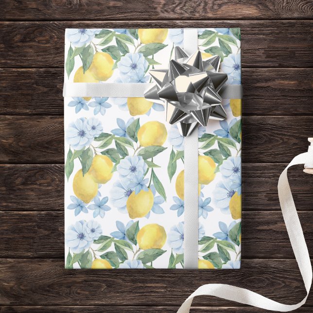 Papier Cadeau Papier d'emballage Aquarelle blanche citron et fle (Watercolor Lemon & Blue Flower Gift Wrap for Baby Shower, Birthday or Main Squeeze Bridal Shower)