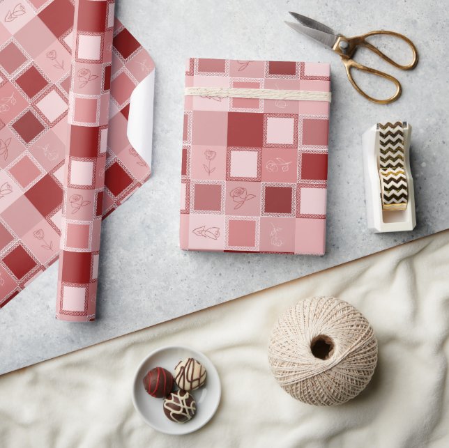 Papier Cadeau papier d'emballage avec carré, dentelle et rose (Artisanat)