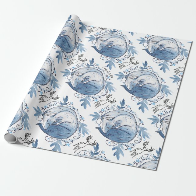 Papier Cadeau Papier d'emballage bleu hiver Fox (Déroulé)
