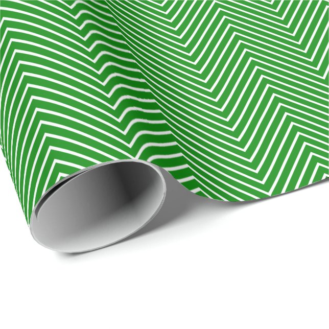 Papier Cadeau Papier d'emballage Chevron Line - Blanc sur vert (Coin rond)