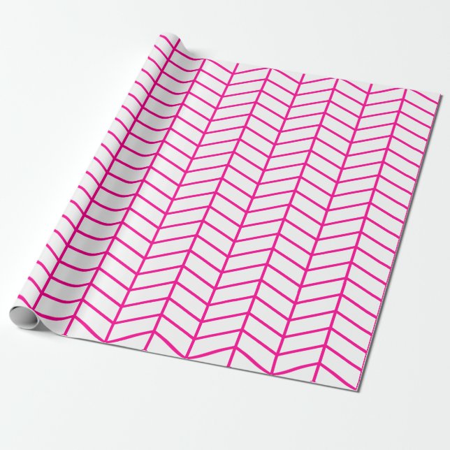 Papier Cadeau Papier d'emballage Chevron - Rose chaud sur blanc  (Déroulé)