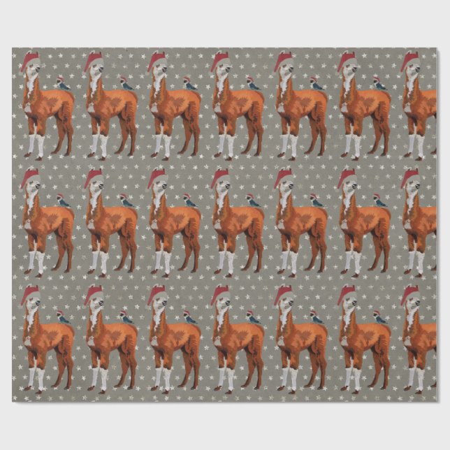 Papier Cadeau Papier d'emballage de LAMA et d'OISEAU de NOËL (Plat)