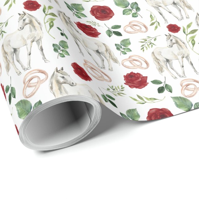 Papier Cadeau Papier d'emballage de mariage Chevaux & Roses Roug (Coin rond)