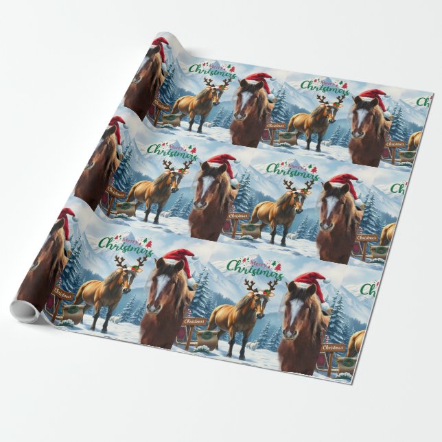 Papier Cadeau Papier d'emballage de Noël Wild Mustang Père Noël (Déroulé)