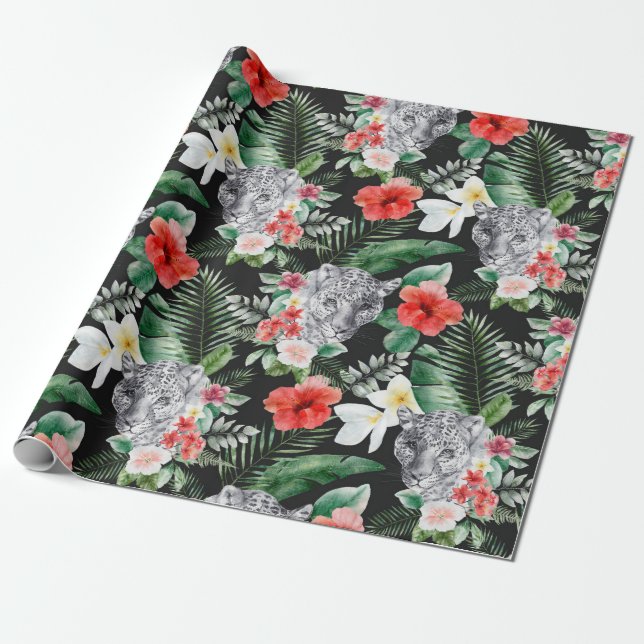 Papier Cadeau Papier d'emballage floral léopard feuille tropical (Déroulé)