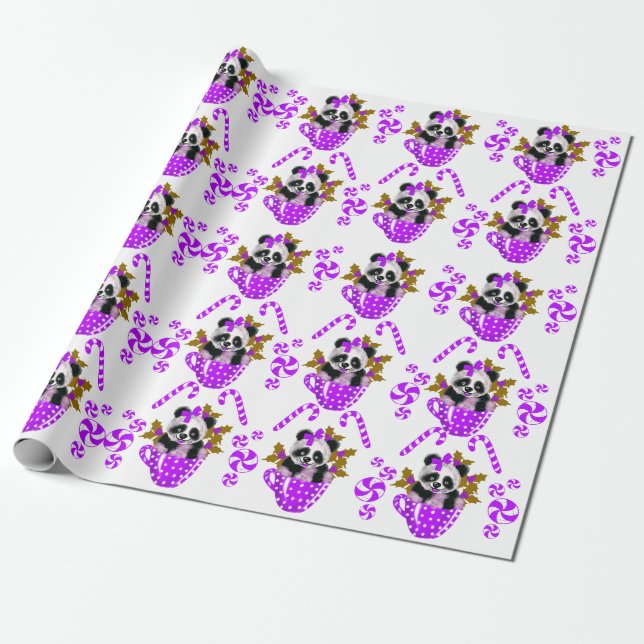 Papier Cadeau Papier d'emballage Panda Christmas Purple (Déroulé)