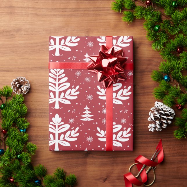 Papier Cadeau Papier d'emballage rouge Noël avec arbres (Cadeau de vacances)