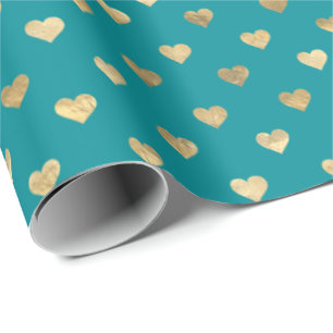 Papier Cadeau Papier d'enrobage Motif de Coeurs d'or Turquoises