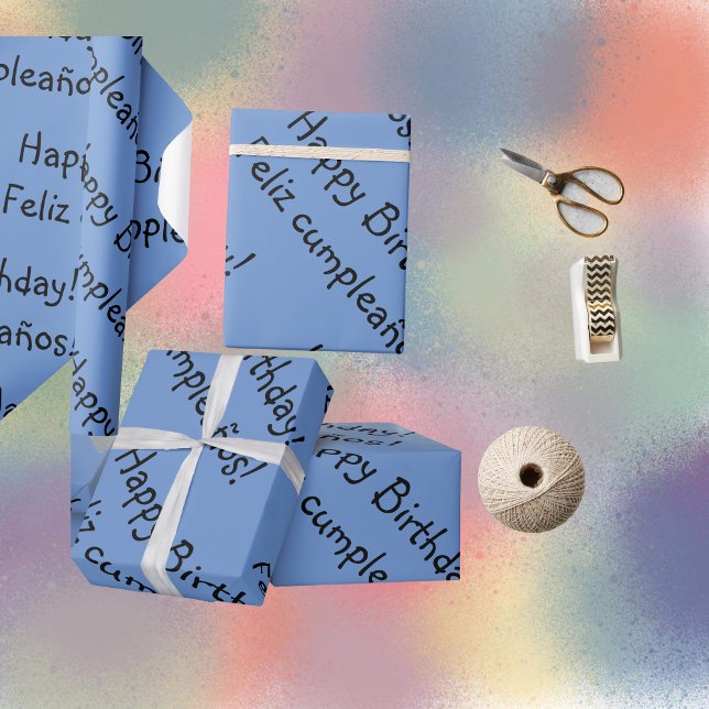 Papier Cadeau Papier d'enveloppement bilingue bleu Joyeux annive (Bilingual blue wrapping paper, happy birthday Spanish. Multiligual project)