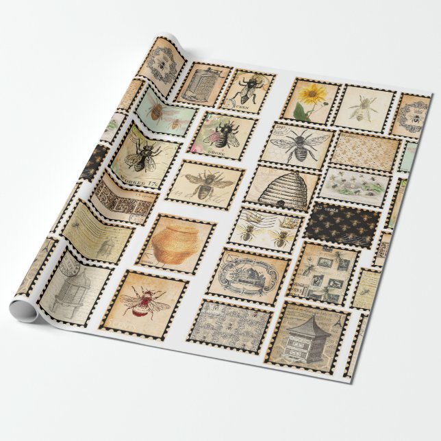 Papier Cadeau Papier d'enveloppement d'abeilles vintage (Déroulé)