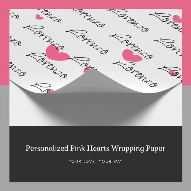 Papier Cadeau Papier d'enveloppement de coeur rose personnalisé (Personalized Name Pink Hearts Wrapping Paper, Custom Gift Wrap)