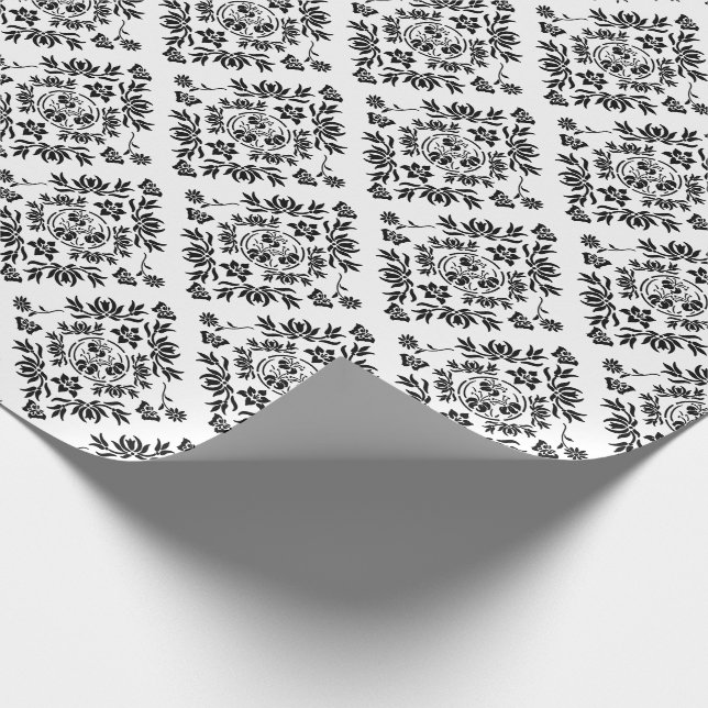 Papier Cadeau Papier d'enveloppement de Damas Floral noir et bla (Coin)