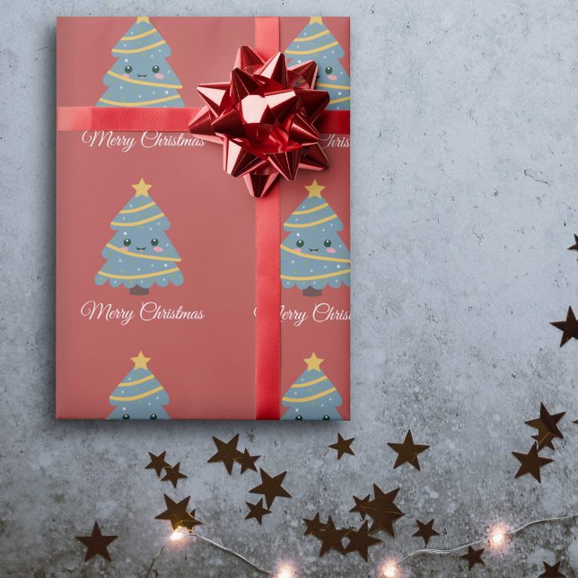 Papier Cadeau Papier d'enveloppement de l'arbre de Noël Kawaii (Kawaii Christmas Tree Red Wrapping Paper)