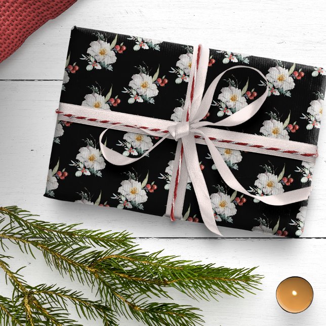 Papier Cadeau Papier d'enveloppement de Noël (Black White Red Boho Floral Christmas Holiday Wrapping Paper)