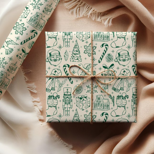 Papier Cadeau Papier d'enveloppement de Noël à Doodle Vert migno (Créateur téléchargé)