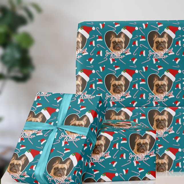 Papier Cadeau Papier d'enveloppement de Noël au coeur Turquoise (A fun and festive wrapping paper with your pup's picture. Happy Howlidays!)