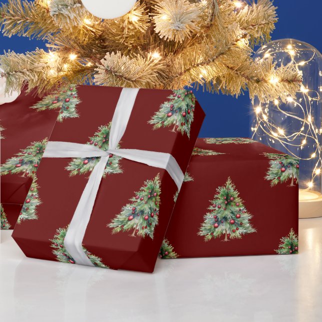 Papier Cadeau Papier d'enveloppement de Noël, Pine Tree rouge No (Vacances)