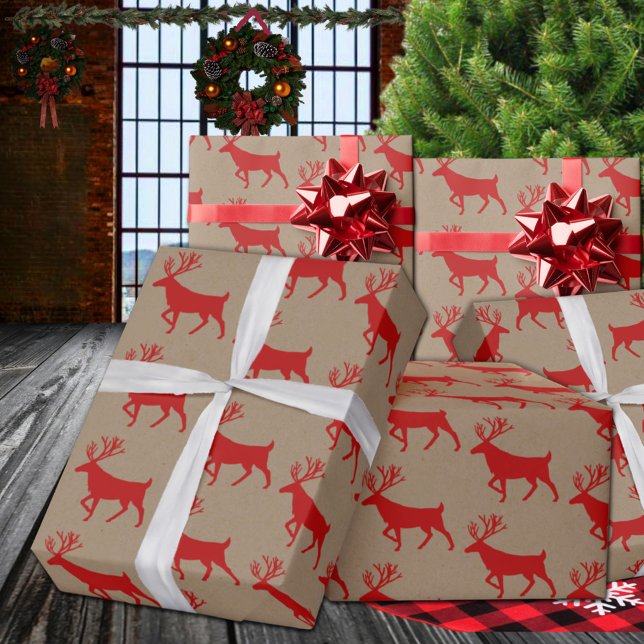 Papier Cadeau Papier d'enveloppement de rennes rouges Kraft rust (Rustic Kraft Red Stag Reindeer Christmas Holiday Gift Wrapping Paper Rolls)