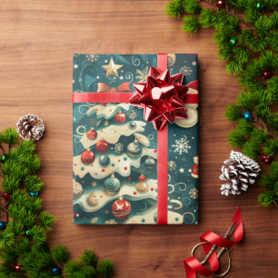 Papier Cadeau Papier d'enveloppement de sapin de Noël bleu Vinta