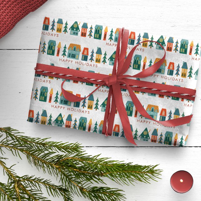 Papier Cadeau Papier d'enveloppement de vacances Retro (Happy Holidays Retro Houses Wrapping Paper)