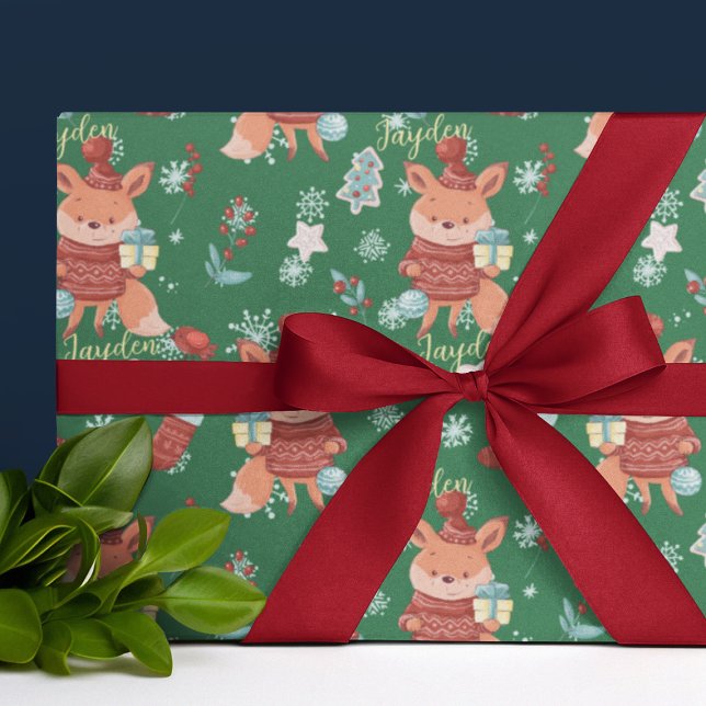 Papier Cadeau Papier d'enveloppement personnalisé rouge rouge ve (Cute Cartoon Fox Green Red Custom Wrapping Paper
)