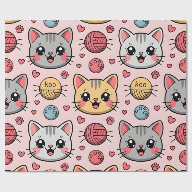 Papier Cadeau Papier d'enveloppement pour chats mignons - Kawaii (Plat)