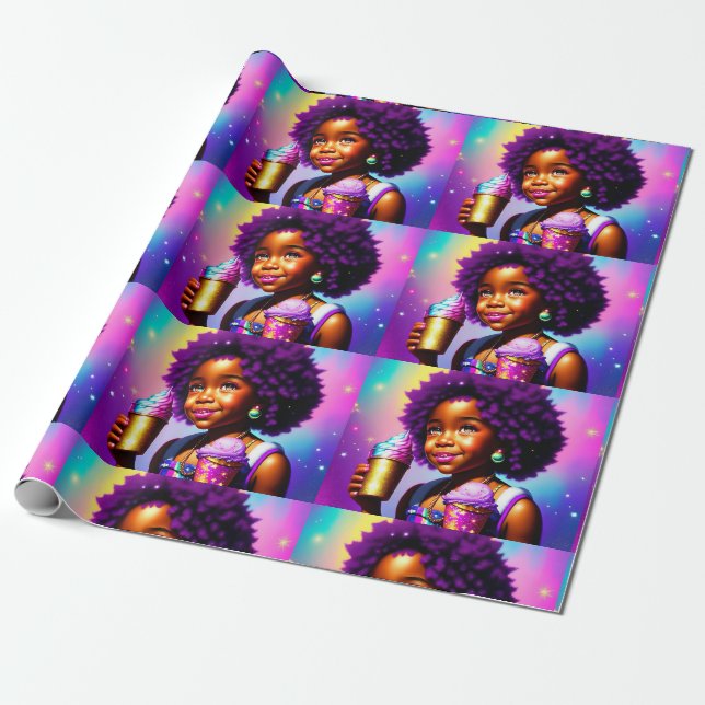Papier Cadeau Papier d'enveloppement pour petite fille noire/Mel (Déroulé)