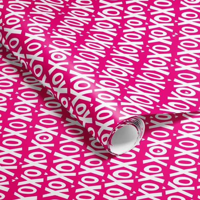 Papier Cadeau Papier d'enveloppement XOXO Valentine's Day (hot pink fuchsia and white XOXO patterned Valentine's Day gift wrap roll with tiny heart detail)
