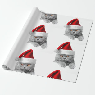 Papier Cadeau Papier enveloppant Chat gris de Noël avec chapeau