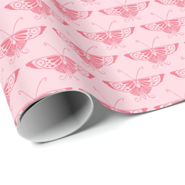 Papier Cadeau Papillon Art déco stylisé - corail rose (Coin rond)