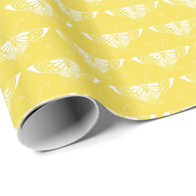 Papier Cadeau Papillon Art déco stylisé - jaune et blanc (Coin rond)