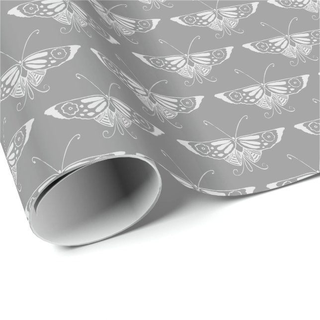 Papier Cadeau Papillon Art déco stylisé, tons gris / gris (Coin rond)