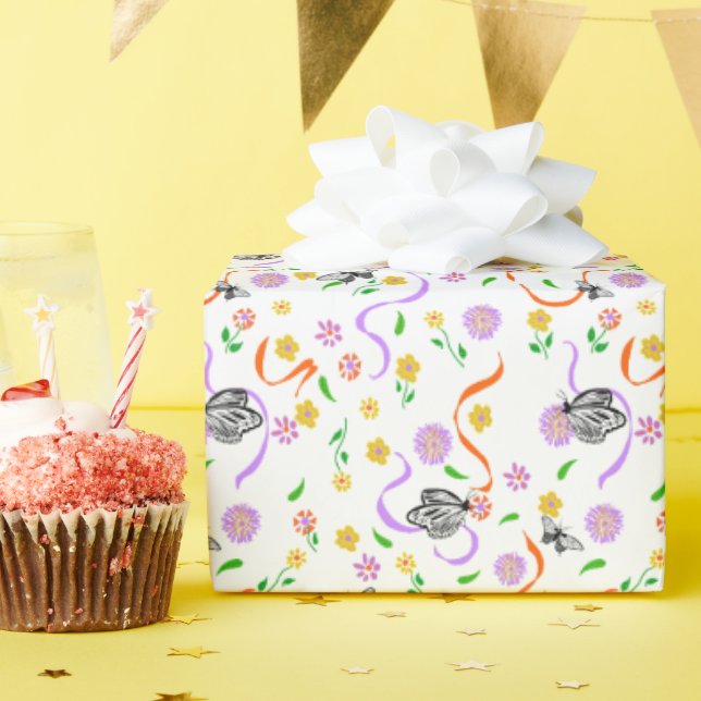 Papier Cadeau Papillon Blanc Fleur de Lavande (Fête d'anniversaire)
