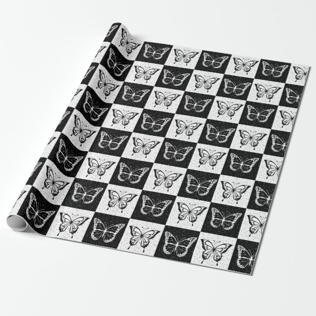 Papier Cadeau Papillon blanc noir À damiers bloc (Déroulé)