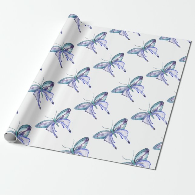 Papier Cadeau papillon bleu aqua violet aquarelle (Déroulé)