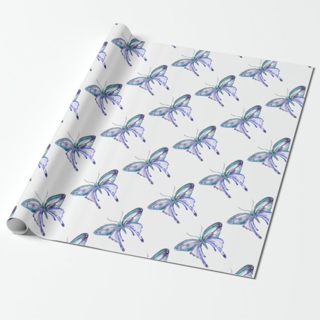 Papier Cadeau Papillon bleu aquarelle Aqua violet (Déroulé)