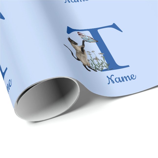 Papier Cadeau Papillon de chat siamois monogramme initiale T nom (Coin rond)