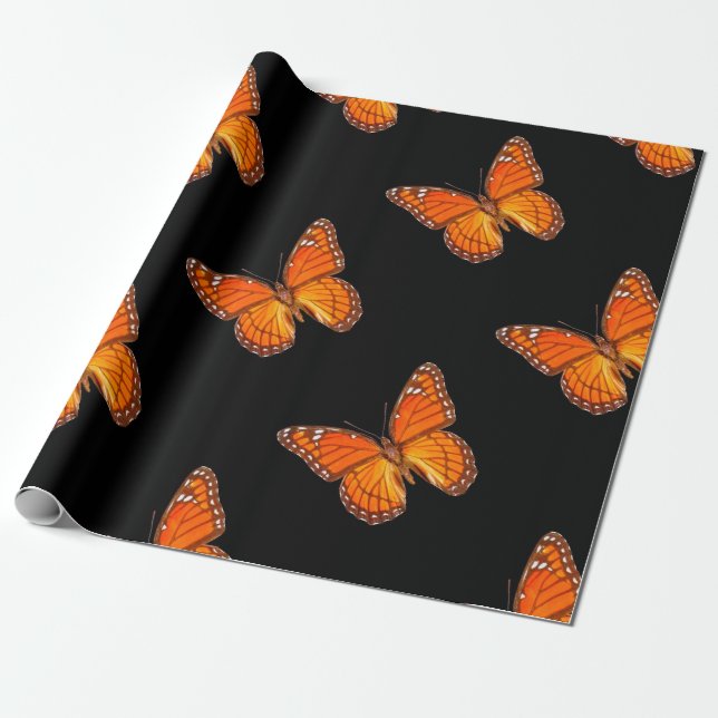 PAPIER CADEAU PAPILLON DE MONARQUE ORANGE SUR LA COULEUR NOIRE (Déroulé)