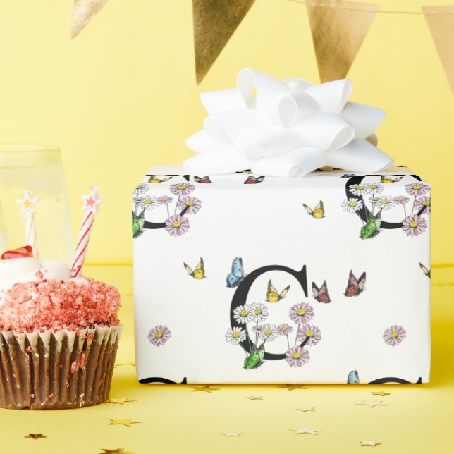 Papier Cadeau Papillon de monogramme de lettre C aquarelle flora (Fête d'anniversaire)
