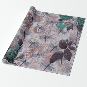 Papier Cadeau Papillon de Newsprint à libellules et à fleurs v