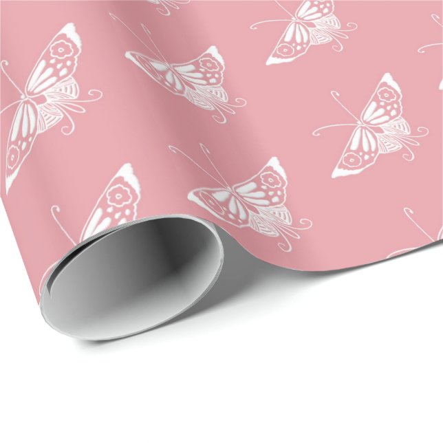 Papier Cadeau Papillon déco stylisé - coquille rose (Coin rond)