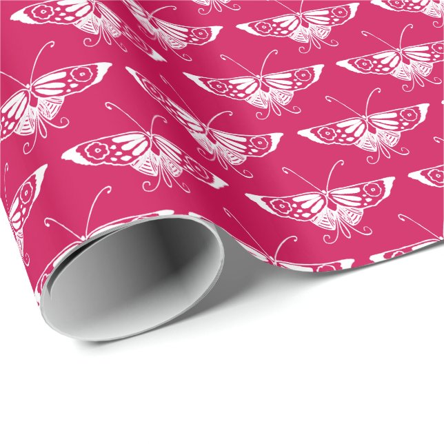 Papier Cadeau Papillon déco stylisé - rose fuchsia (Coin rond)