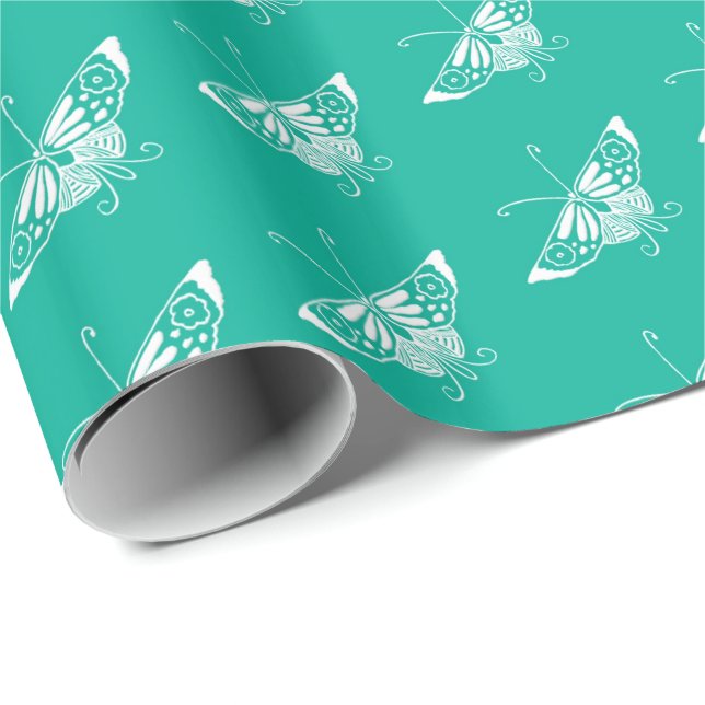 Papier Cadeau Papillon déco stylisé - turquoise (Coin rond)