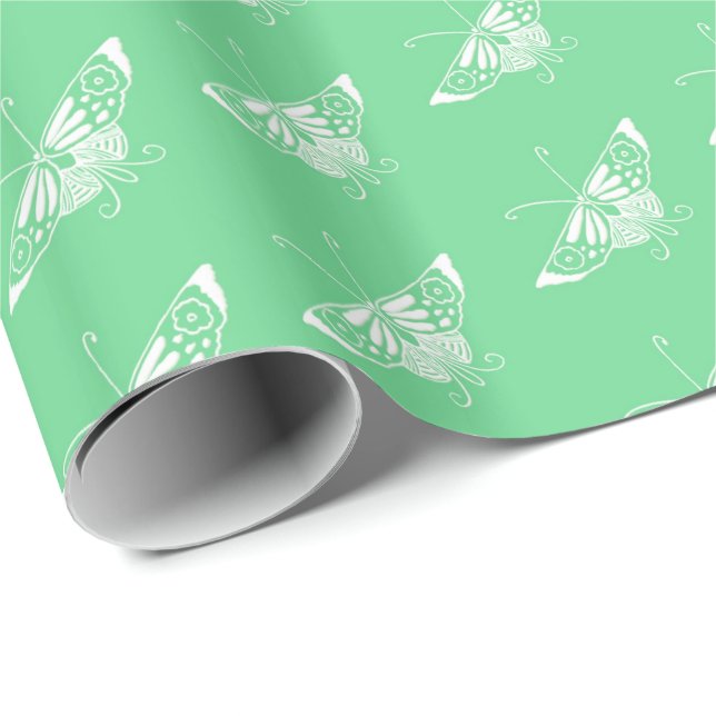 Papier Cadeau Papillon déco stylisé - vert menthe (Coin rond)
