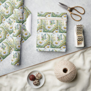 Papier Cadeau Papillon Fée Dans un Jardin de Pâquerettes