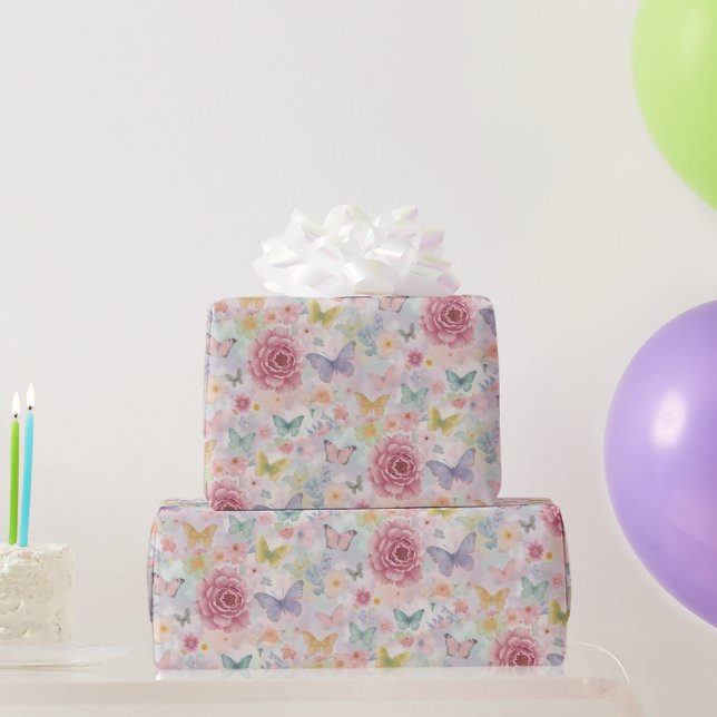 Papier Cadeau Papillon floral pastel / Jardin doux (Cadeaux de fête)
