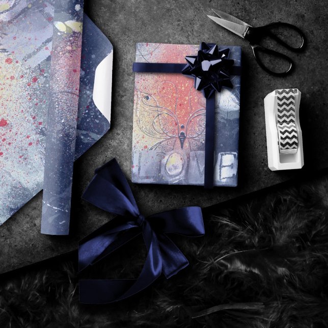 Papier Cadeau Papillon Grunge Love | Corail Orange Purple Peintu (Créateur téléchargé)