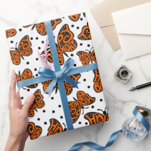 Papier Cadeau Papillon Monarque Noir et Orange Joyeux Anniversai