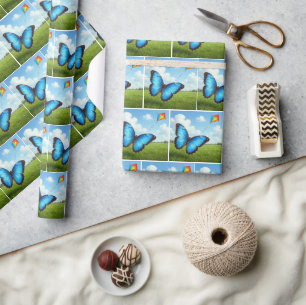 Papier Cadeau Papillon Morpho Commun Faisant Voler un Cerf-Volan