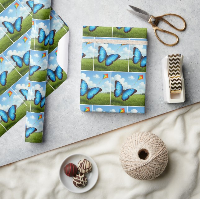 Papier Cadeau Papillon Morpho Commun Faisant Voler un Cerf-Volan (Artisanat)